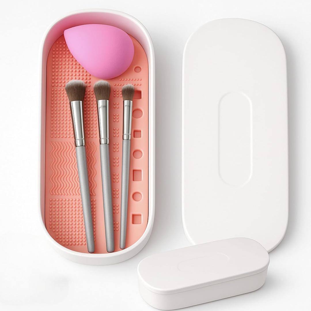 Makeup Brush Cleaner Mat and Storage Box,Makeup Brush Cleaner Tool With Brush Drying Rack for Brushes,Sponges,Portable Cosmetics Brush Storage for Travel and Home Use (White)