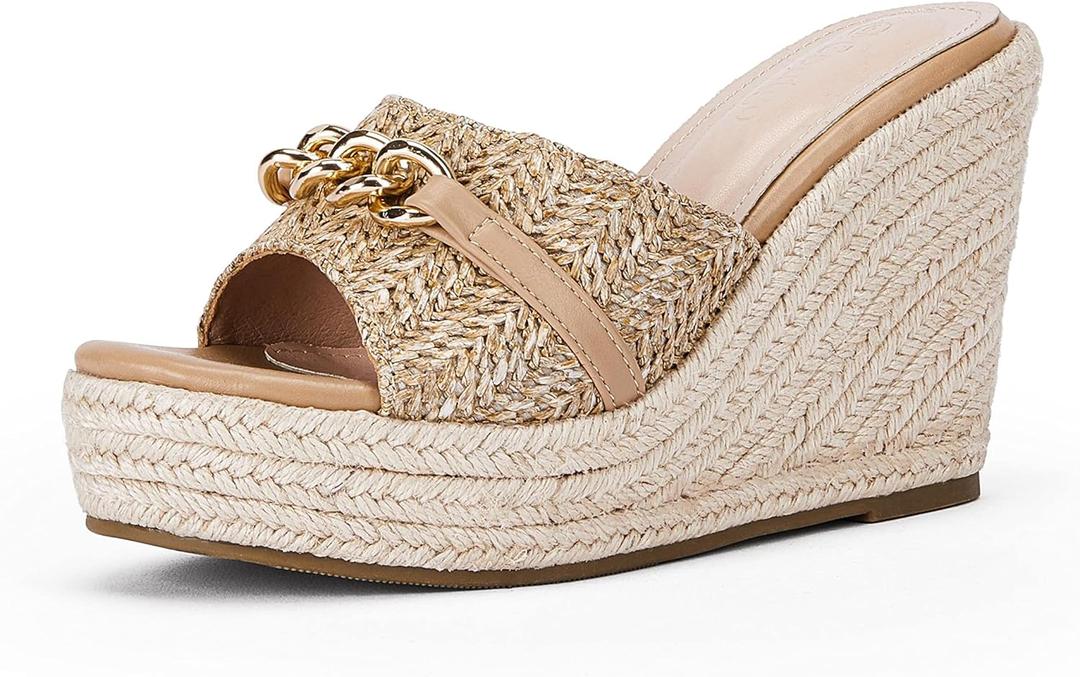 Coutgo Women's Wedge Sandals Platform Espadrille Heel Chain Slip On Casual Summer Slides (8.5, Khaki)