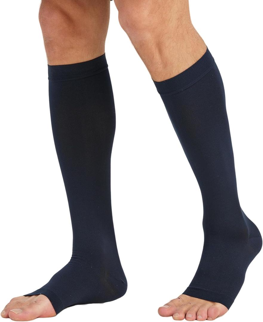 TOFLY 20-30mmHg Open Toe Compression Socks for Women & Men Portable Compression Stockings for Varicose Veins, Edema, Shin Splints, Nurses & Pregnant Relief Travel, Navy Blue M