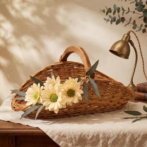 Remerry Wicker Gathering Basket with Handle Flower Picking Basket Handwoven Wicker Garden Trug for Picnic Countryside Gathering Vegetables Harvesting Storage(18.5 x 10 x 9 Inch, Light Brown)