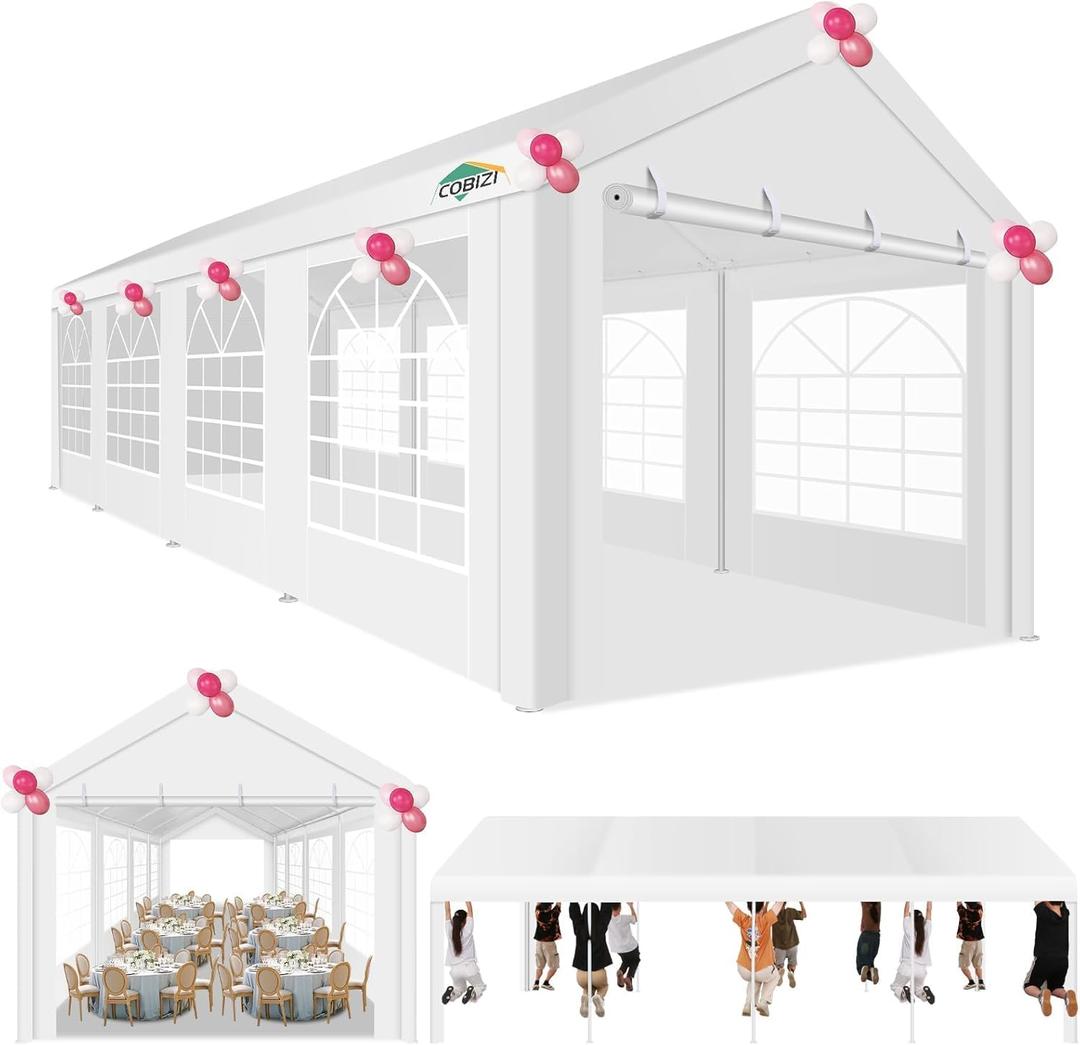 COBIZI 10x30ft Party Tents for Parties Heavy Duty, Wedding Tent, Carport, Carpas para Fiestas with Removable Sidewalls & Built-in Sandbag, UV50+, Waterproof, White