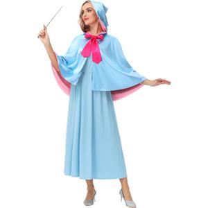 Women Halloween Godmother Dress Blue Fairy Costume Outfit With Hooded Cloak Mysterious Cosplay Party 2 Piece Set S