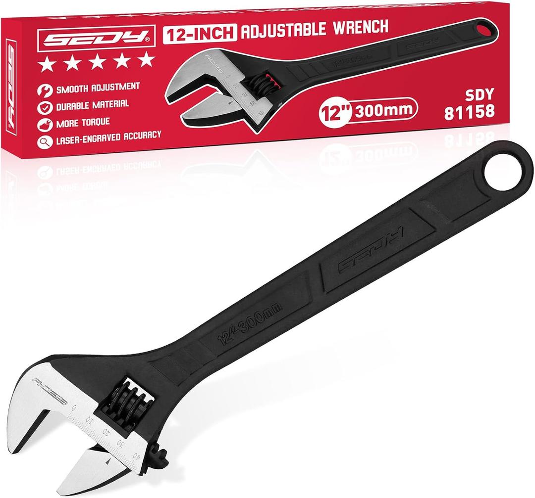 SEDY 12-Inch Adjustable Wrench, Black Oxide Finish Wide Jaw Spanner with Inch/Metric Scale, Premium Drop Forged Steel for Automotive Plumbing and Household Repairs