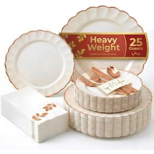 By Madee HEAVYWEIGHT Fancy Disposable Dinnerware Set – 175-Piece Ivory and Scalloped Rose Gold Disposable Plates, Cutlery & Linen-Feel Napkins, Elegant Nice for Weddings & Party (25 Guests)