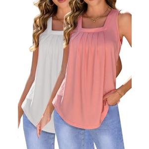 Arolina Summer Tank Tops for Women Loose Fit Cute Square Neck Sleeveless Tops Curved Hem Flowy small, White and pink 