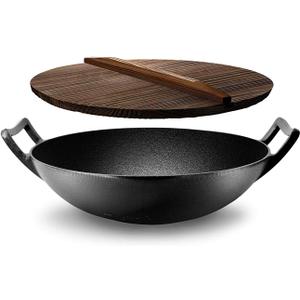NutriChef Cast Iron Wok with Wooden Lid - Pre-Seasoned Chinese Wok for Stir-Fry, Compatible with Multiple Cooktops Including Induction, Large 5.8 Qt Capacity, 12" Diameter