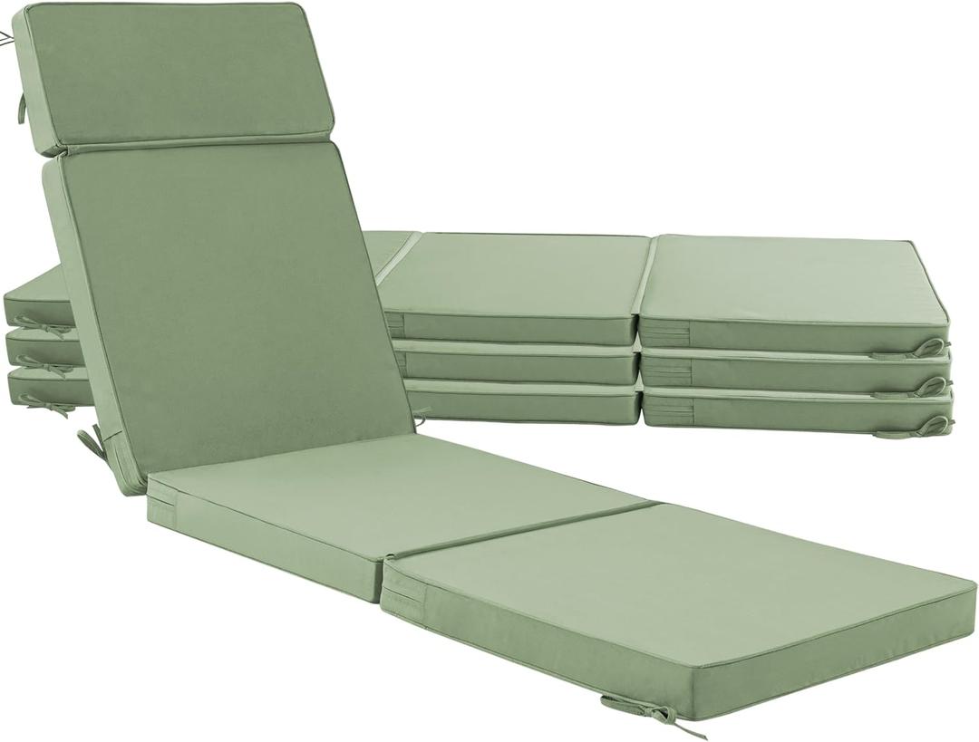 72 x 21 Inch Outdoor Chaise Lounge Cushions Set of 4 - Removable Cover, 4-Section Design, Water-Repellent & Fade-Resistant, 6 Tie Straps, Replacement for Patio & Pool Chairs - Sage Green