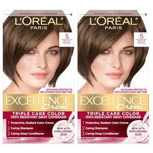 L'Oreal Paris Excellence Crme Permanent Hair Dye, Triple Care Hair Color with Hyaluronic Acid for 100% Gray Coverage, 5 Medium Brown, 1 Kit (Pack of 2)