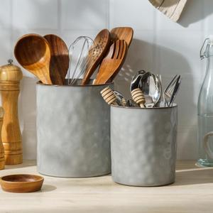 famiware Ocean Utensil Holder, 7.2"+5.8" Ceramic Kitchen Utensil Holder for Countertop, 2 Pieces Cooking Utensil Crocks, Utensil Organizer for Spatula & Spoon, Kitchen Decor, Set of 2, Gray