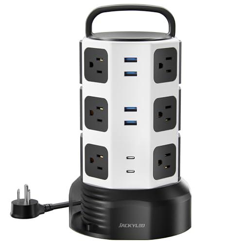 Power Strip Tower Surge Protector, JACKYLED 12 Outlets 6 USB (2 USB C) Charging Station, Extension Cord with Multiple Outlets, 1050J 1625W/13A Outlet Extender 6.5ft Extension Cord for Home Office