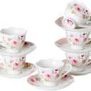Porcelain Demitasse Set of 6 (12-Piece) - 2.5oz Espresso Cups & Saucers with Romantic Pink Floral Pattern, Dishwasher & Microwave Safe