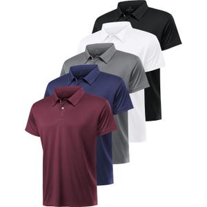 5 Pack Polo Shirts for Men Dry Fit Short Sleeve Golf T-Shirt Moisture Wicking Collared Casual Work Tops (L)