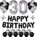 30th Black Silver Birthday Party Decorations for Men Women, Happy 30 Birthday Party Supplies with Black Happy Birthday Banner,30 Number Balloons, Silver Foil Stars, Happy Birthday Balloons for 30th Birthday