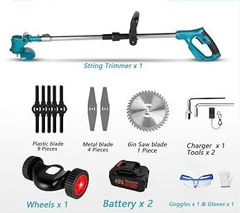 2 x Battery 6.0Ah Cordless Grass Trimmer Electric Weed Wacker with Wheels Grass Trimmer Kit, 48VF Blue Lawn Edger Mower Set Brush Cutter Li-ion Battery Operated for Garden Yard Pruning