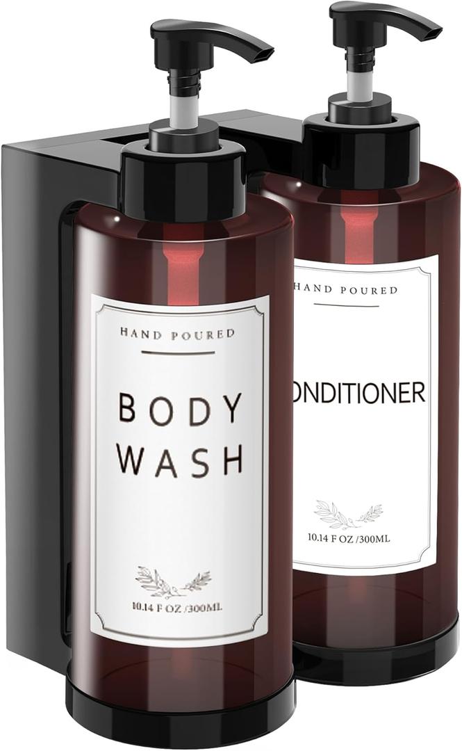 Plastic Soap DispenserWall Mount Shower PumpNo-Drill Wall Mounted Shower Soap DispenserShampoo and Conditioner Dispenser Modern Refillable Shampoo Pump Bottles for Shower Soap (2pcs 300ml)