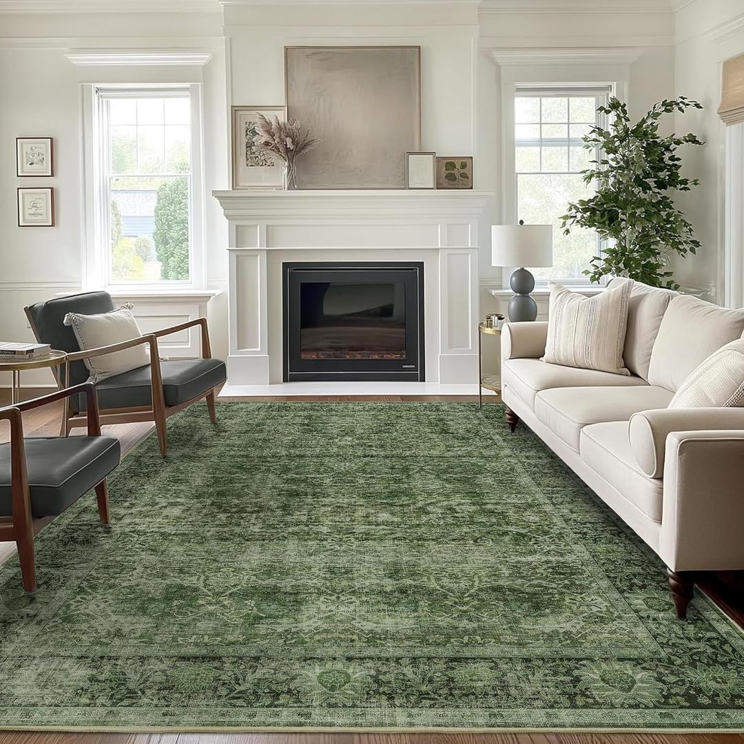 5x7 Green Washable Rug for Living Room Large Vintage Distressed Bedroom Rug Low Pile Non-Slip Soft Boho Carpets for Bedroom Dining Room Home Office Indoor Nursery