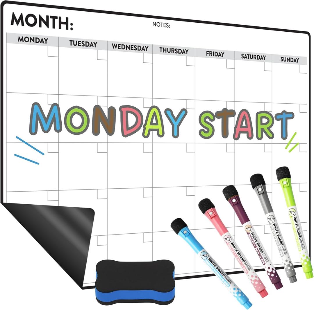 Monthly Magnetic Dry Erase Calendar for Refrigerator Monday Start Calendar Magnet 17 x 12 | Whiteboard Calendar for Fridge | Include 5 Markers & Eraser - Freedom Mastery