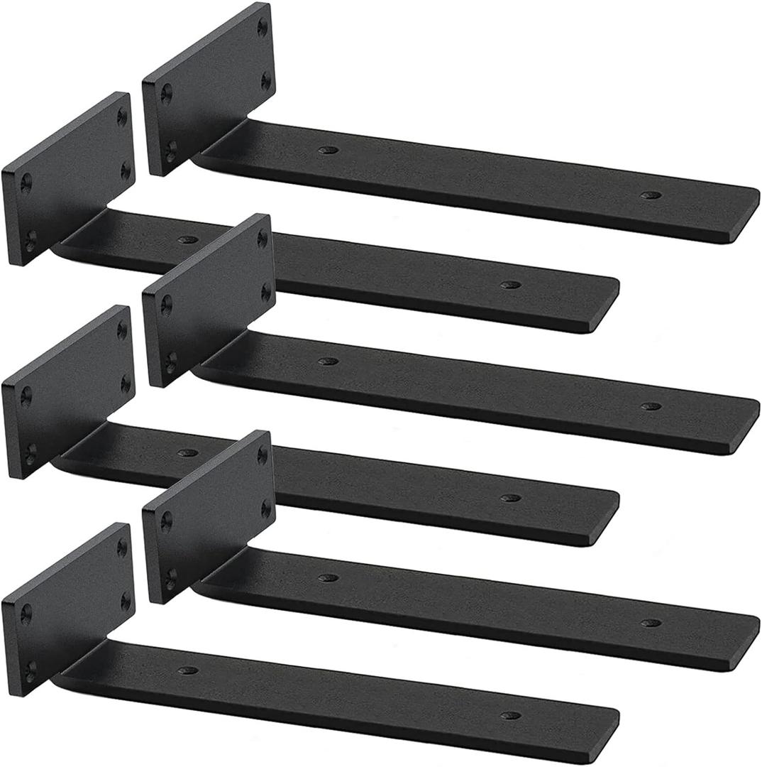 Shelf Brackets Heavy Duty, 5mm Thick Rustic Shelf Brackets for Custom Wood Shelves, 12 Inch Solid Steel Black Shelf Brackets with Hardware Needed (6Pcs)