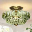 Semi Flush Mount Ceiling Light,11IN Vintage Gold Hallway Lights Fixture,3-Bulb Globe Green Glass Close to Ceiling Light for Bathroom, Hallway, Dining Room,Bulb Not Included