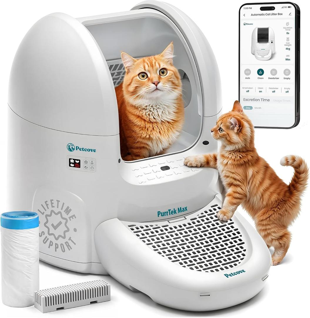 Petcove PurrTek Automatic Litter Box Self Cleaning 5GHz Wi-Fi, Odor Control Quiet Operation with App Sealed Waste Bin, Advanced Safety Sensors, Auto Smart Self Cleaning Cat Litter Box for Multiple Cats, Size: Extra Large