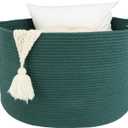 Large Cotton Rope Basket  22"x14" Woven Storage Basket for Blankets, Toys, Laundry, and Nursery  Round Baskets for Living Room and Kids Dark Green