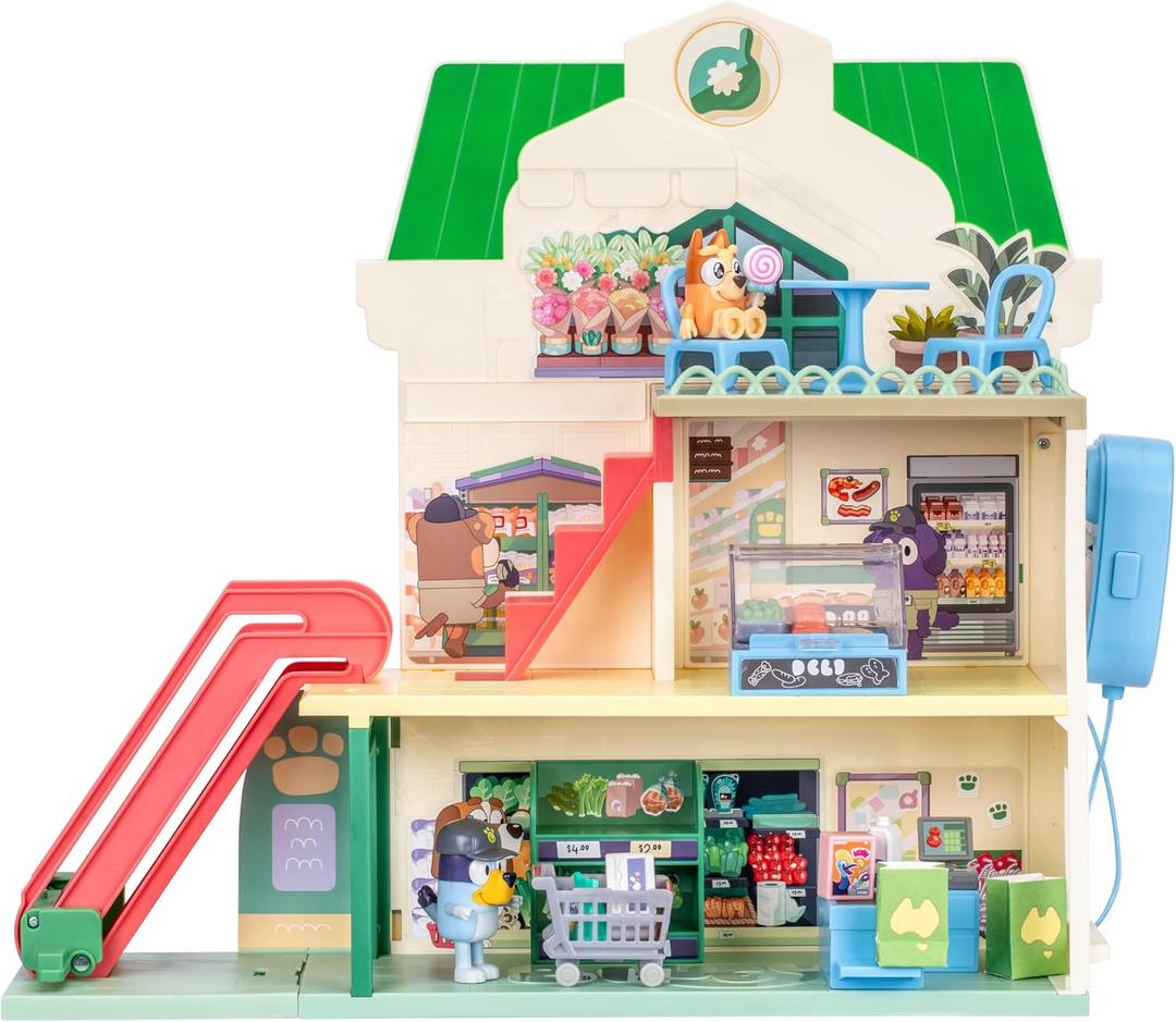 Bluey and Bingo Supermarket Playset with Escalator, Pretend Play Toys for Toddlers, Sounds and 15 Pieces, Bluey Grocery Store Playset