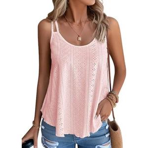 Eachrise Womens Tank Tops Summer Sleeveless Casual Spaghetti Strap Blouses Eyelet Embroidery Loose Fit Tunic Shirts.XL