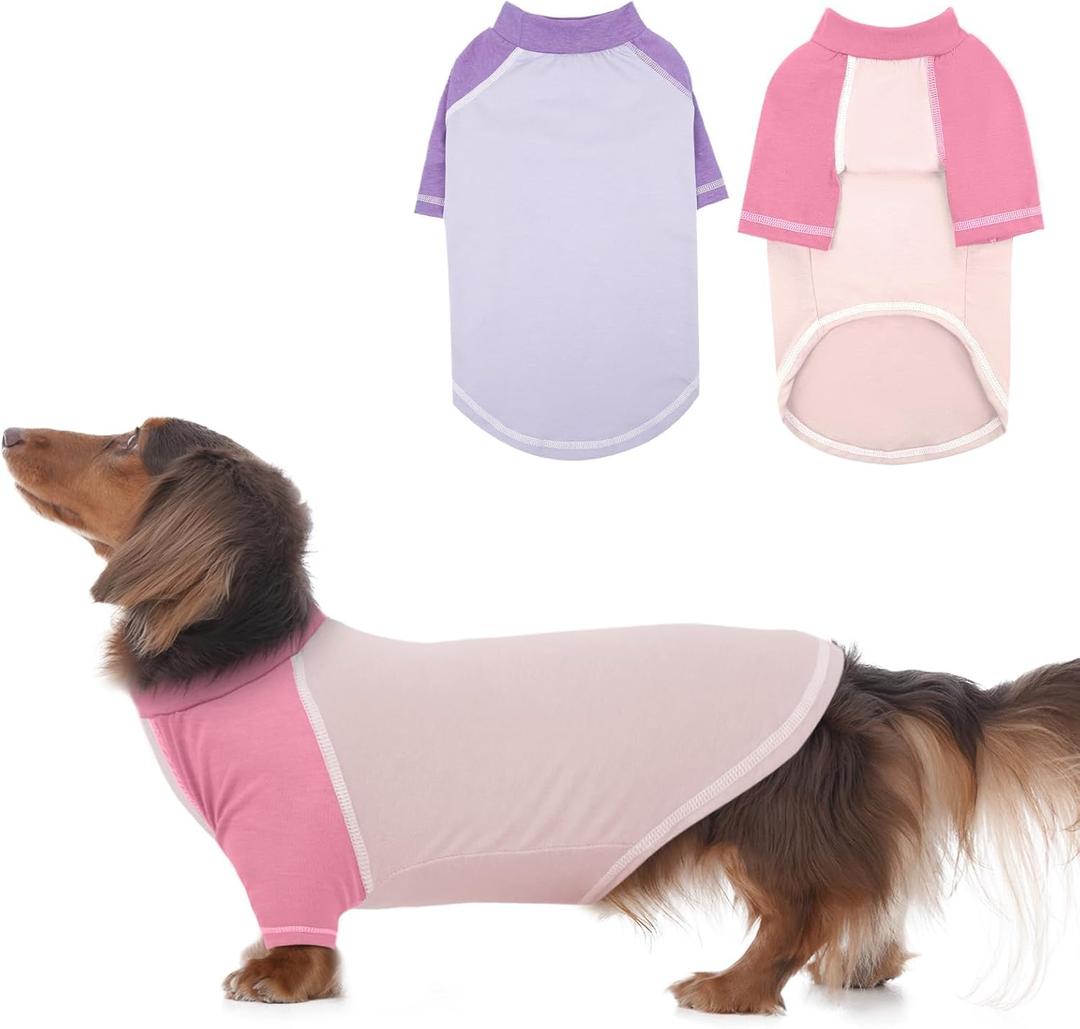 2 Pack Dog T-Shirts, Medium, PinkPurple, Lightweight & Comfortable Long-Sleeve Summer Pet Tee Shirts, Machine Washable, Protection Against Heat Loss, Raglan Sleeves Wide Dog Clothes (MediumChest:16.54")