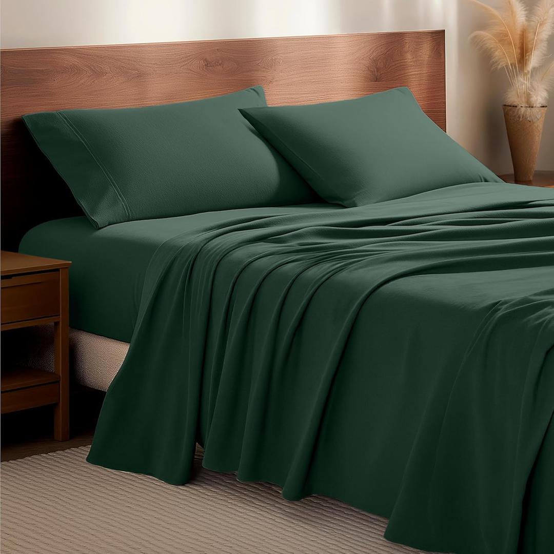 Bare Home Flannel Sheet Set 100% Cotton, Velvety Soft Heavyweight - Double Brushed Flannel - Deep Pocket (Queen, Forest Green)