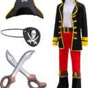 Pirate Costume for Kids Cosplay Pirate Role Play Dress Up Halloween Costume Hat Belt Eyes patch Inflatable Sword, Small (3-4Years)