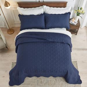 California King Bedspread Set Oversized King Bedspreads 128x120 inches Cal King Quilt Set Lightweight Coverlet with Shams Grid & Damask Quilted Bedspread California King Size for All Season (Navy Blue)