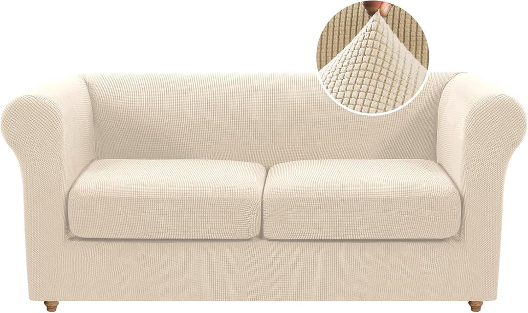 H.VERSAILTEX 3 Pieces Loveseat Slipcovers for 2 Cushion Couch Stretch Traditional Chesterfield Loveseat Cover Mid Century Deep Seat Couch Cover, Thicker Jacquard Fabric(Medium Sofa, Natural)