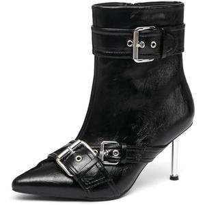 NEWBELLA Women's Faux Leather Ankle Boots - Fashion Stiletto Heel Short Boots with Metal Buckle Decoration, Edgy Chic Booties for Night Out & Parties, Black 7.5