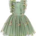 Girl Sparkly Sequins Star Dress Flutter Sleeve Tulle Tutu Teen Girl Birthday Dress Kids Wedding Christmas Outfits (7-8 Years, Sage Green Floral) 130
