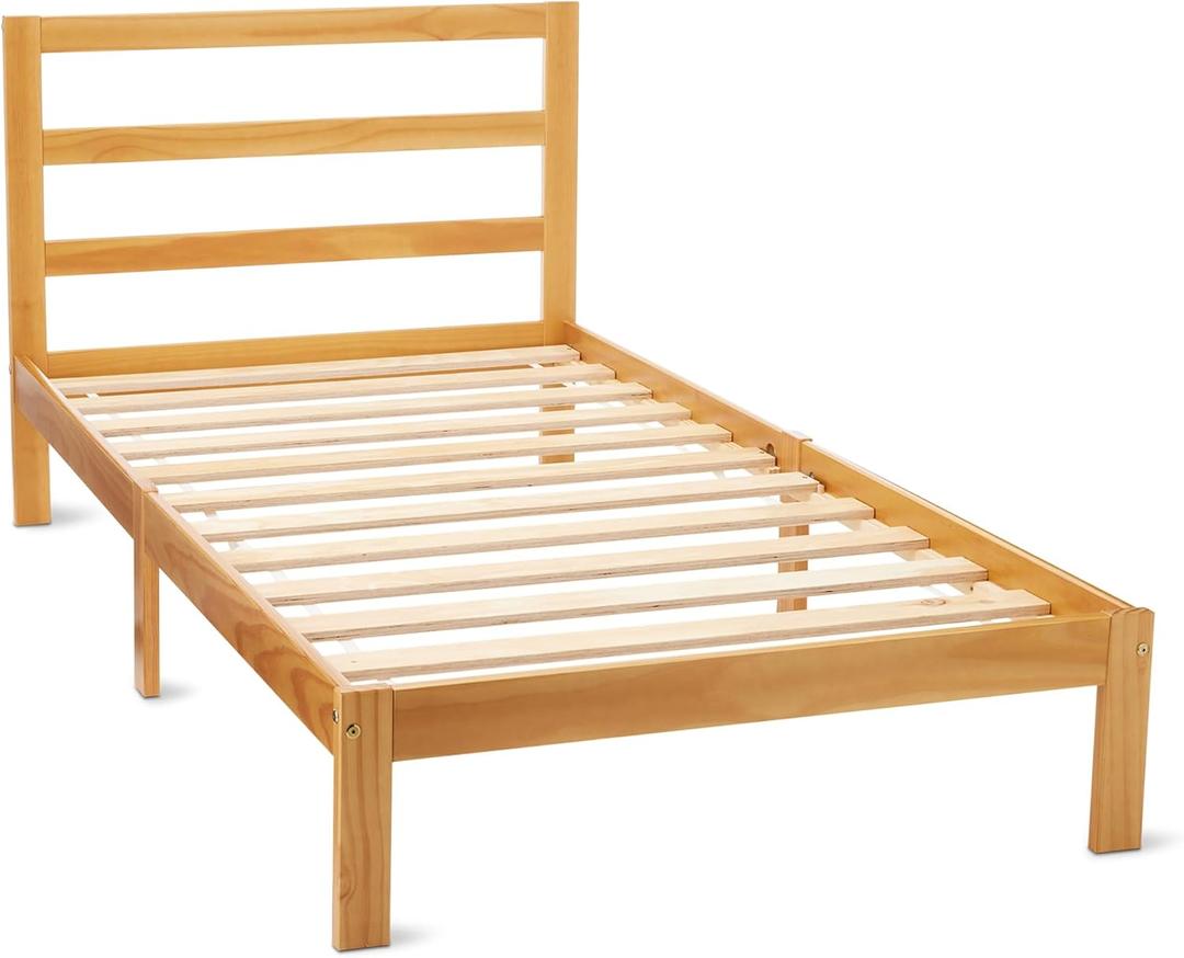 Amazon Basics Twin Bed Frame with Headboard, Solid Pine Wood with Bed Slats, Twin, Walnut