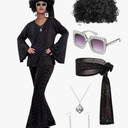 Jexine Halloween 70s Women Disco Costume Set Disco Party Top Pants Sunglasses Ball Necklace Earring Wig, Medium