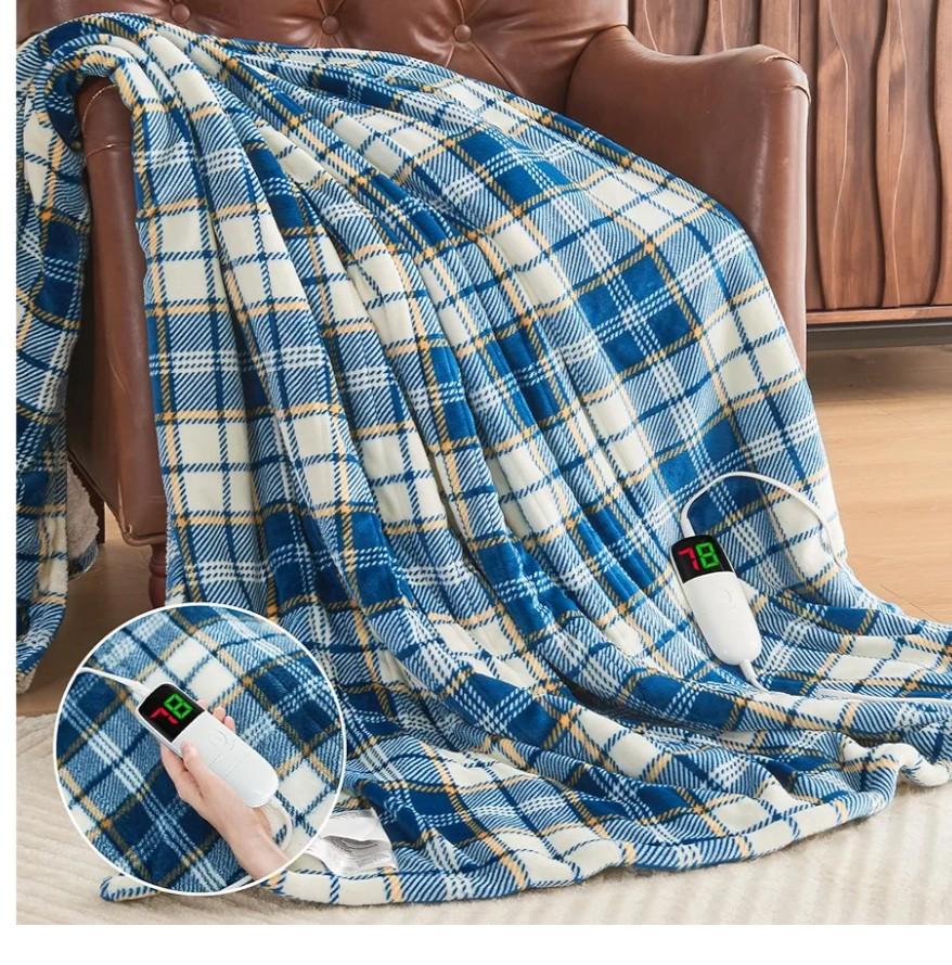 Heated Electric Blanket Twin Size,62X84 Heating Blanket with 10 Heats Levels&8 Hours Auto Off&Timer,Blue Plaid Soft Cozy Sherpa Blankets Warmer Gifts for Grandma Women Adult,Fast Heating Washable