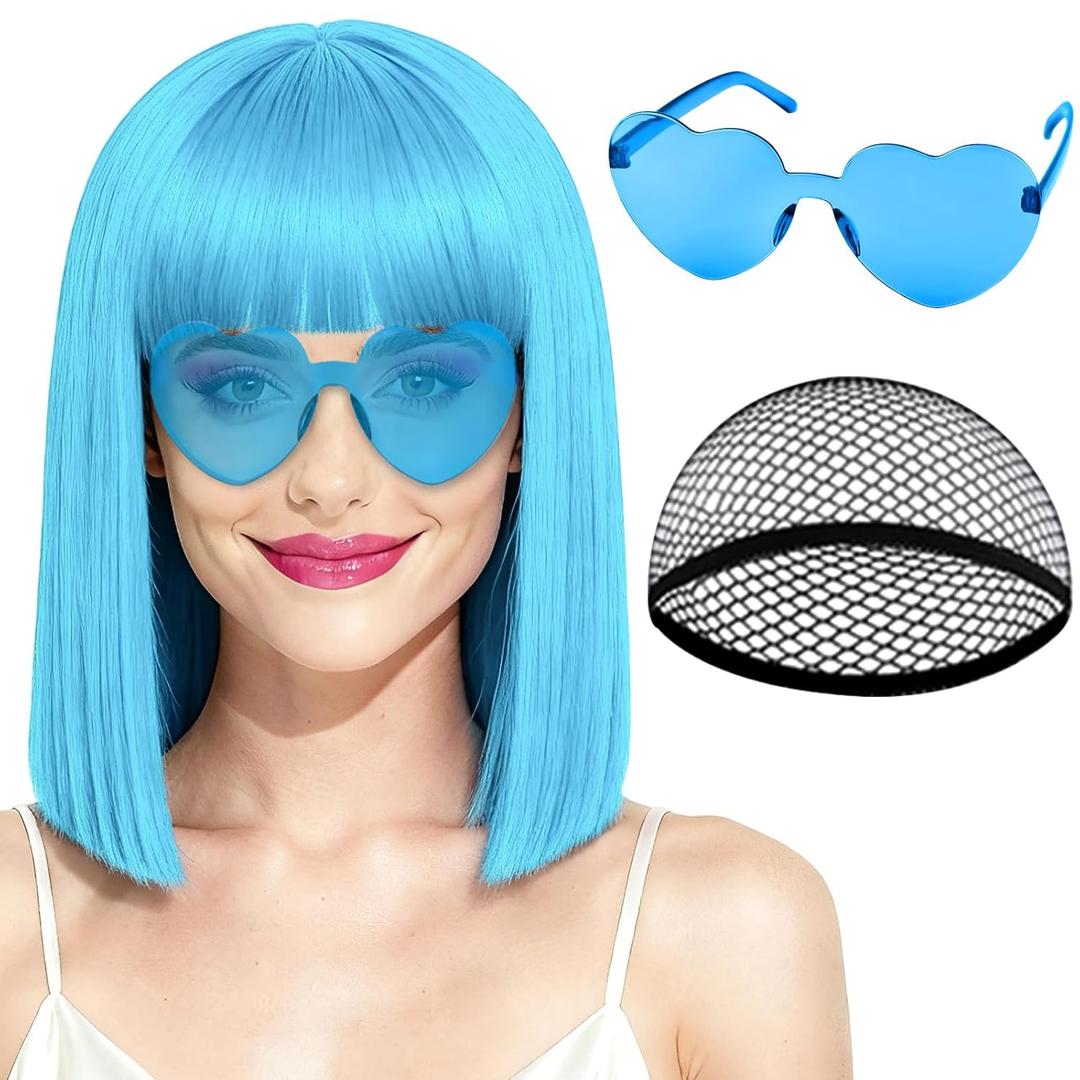 PLULON Short Light Blue Straight Bob Wig with Bangs, Shoulder Length Heat Resistant Synthetic Hair Wigs with Heart Sunglasses for Women Natural Look Daily Wear Cosplay for Halloween Costume Party