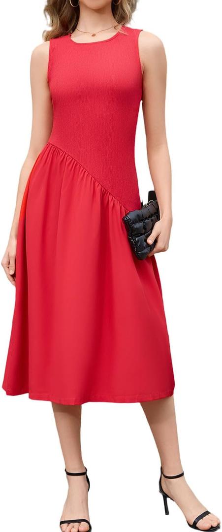 ZTC Elegant Summer Sleeveless Dress for Women, Casual A-line Midi Dress with Ruffle Hem, Perfect for Outdoor Cocktail (Red, S)