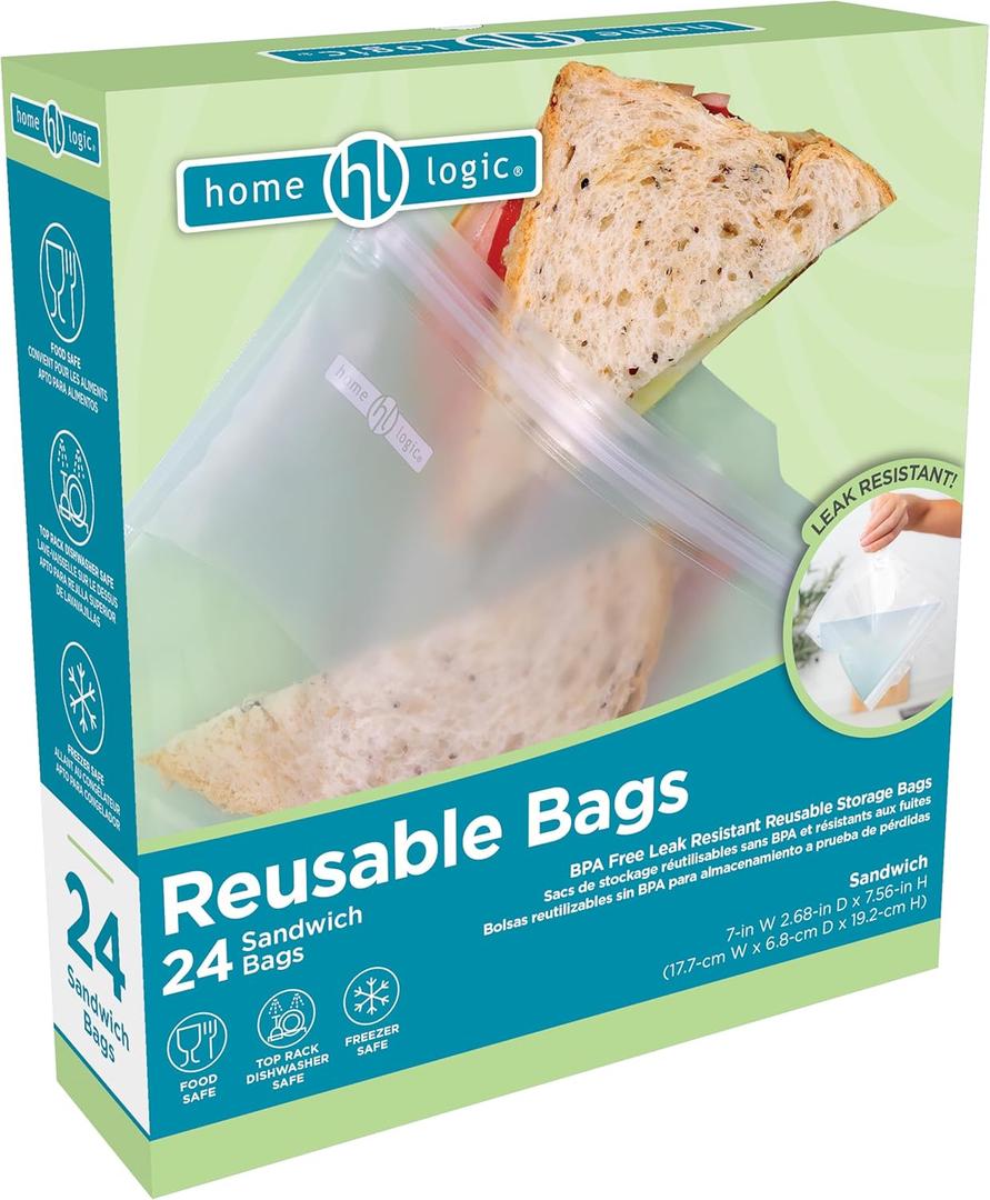 Home Logic Reusable Sandwich Bags  Leak Proof Food Storage for Snacks & More  24 Bags, 7 Inch Width
