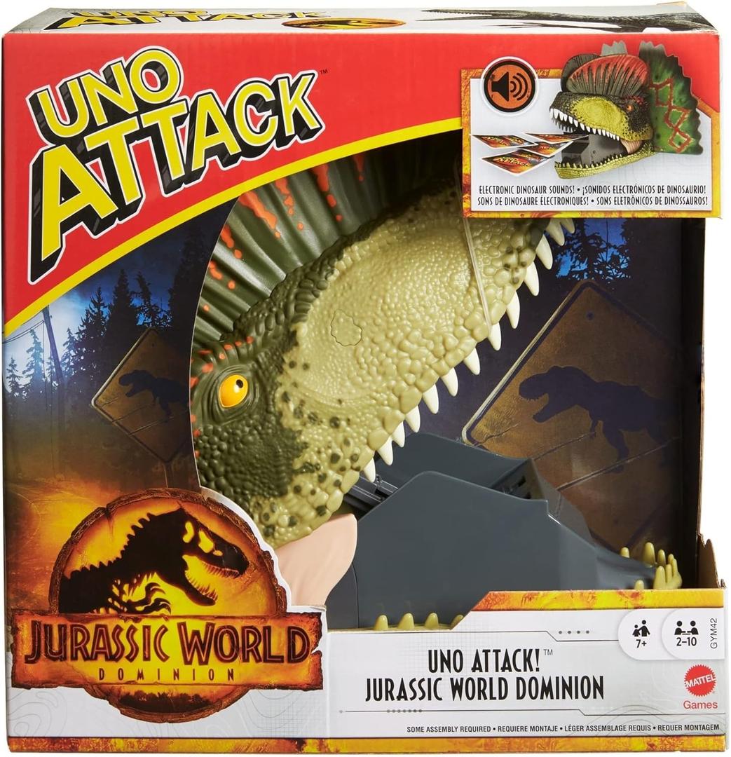 Mattel Games UNO Attack Jurassic World Dominion Card Game with Dinosaur Card Launcher for 2 to 10 Players Ages 7 Years & Older, Toy Gift and Collectible 