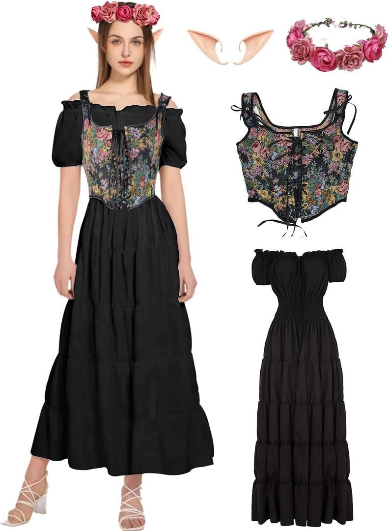 kasahara Renaissance Dress Costume Women with Floral Overbust Corset Top Medieval Ren Faire Costume (L, Black)