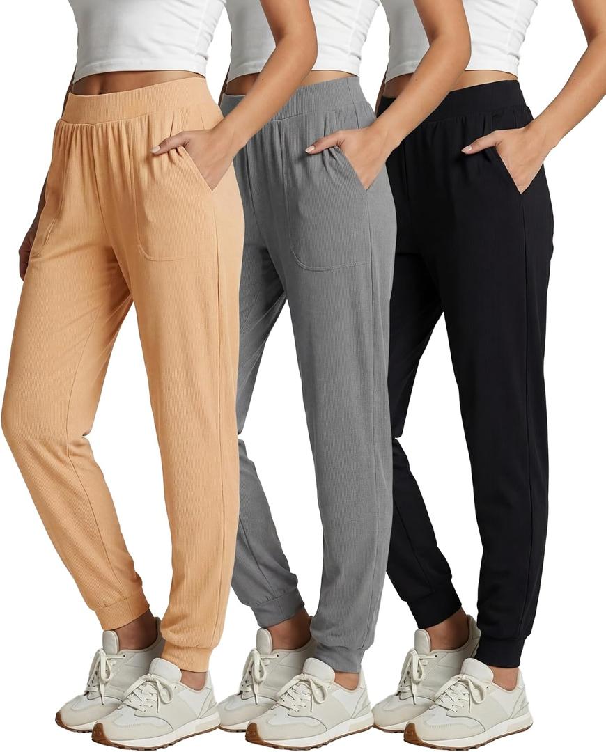 Real Essentials 3 Pack: Women's Ribbed Lounge Jogger Casual Pants Cuffed Sweatpants with Pockets (Available in Plus), 2XL