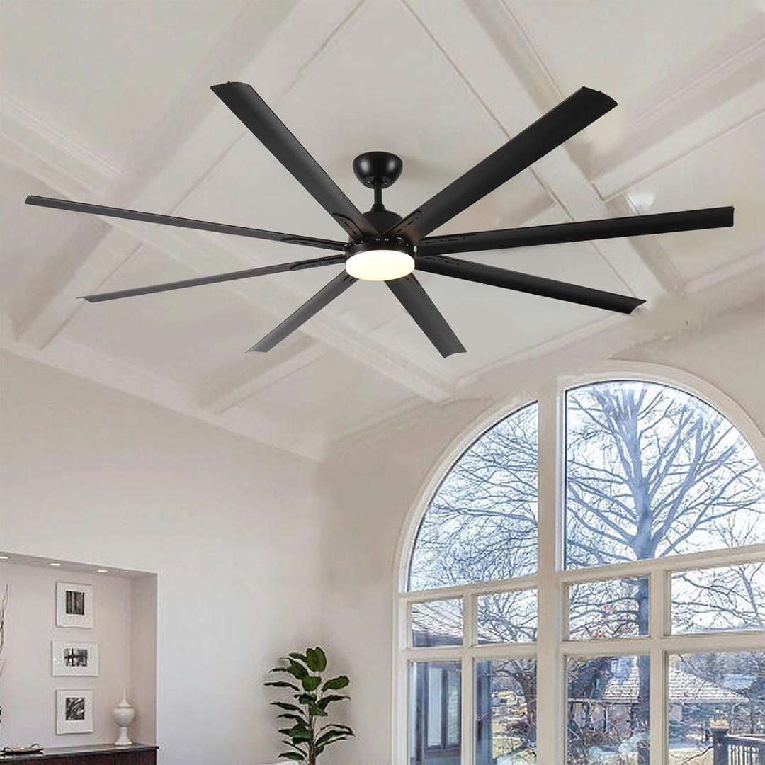 Dodomomocde 84 Inch Ceiling Fan with Lights and Remote Black Indoor/Outdoor Ceiling Fans for Patios Kitchen Living Room Porch Garage Shop Reversible Quiet DC Motor, 8 Aluminium Blades