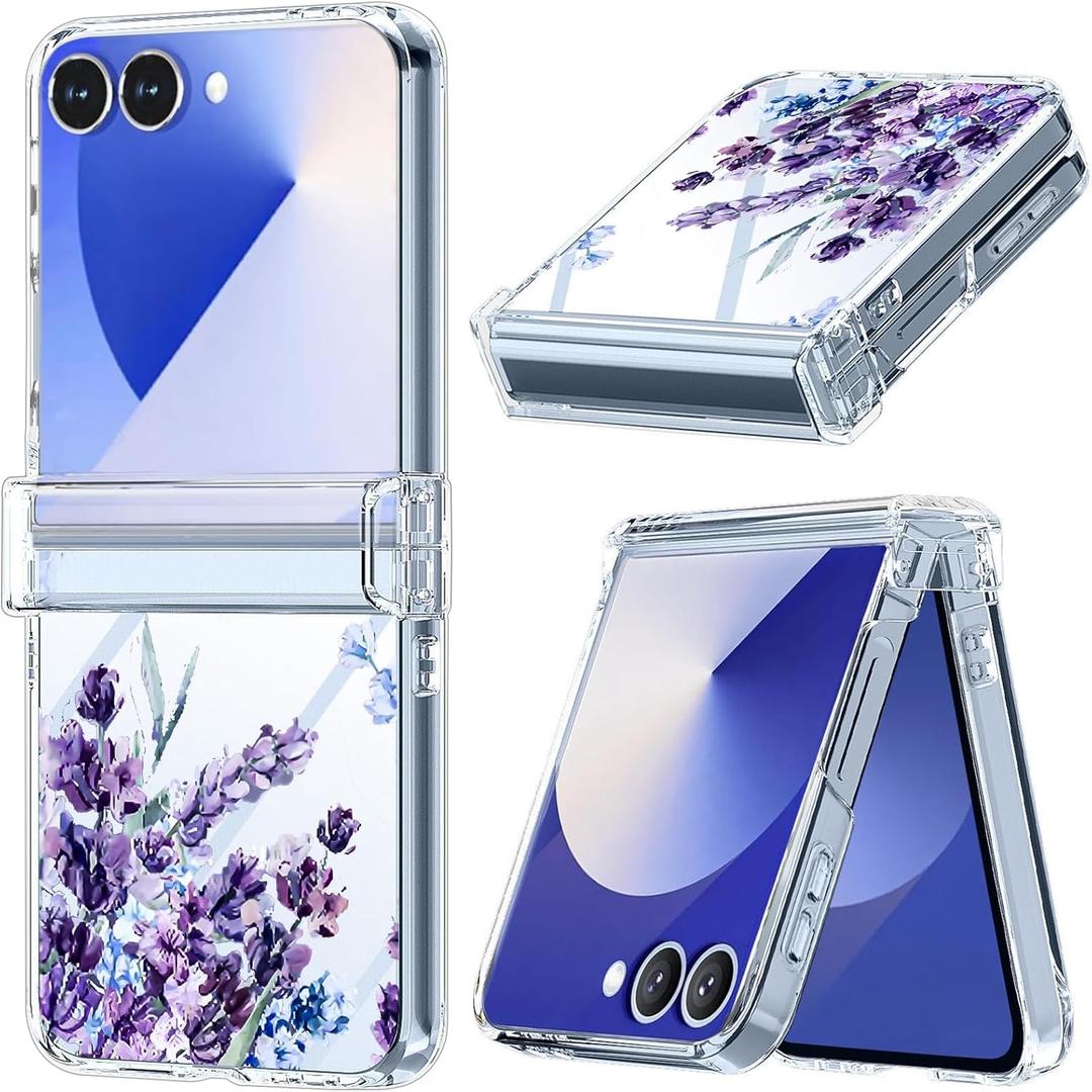 for Samsung Galaxy Z Flip 7 Case with Hinge Protection,Clear Floral Lavender Shockproof Protective Hard PC Slim Floral Women Phone Case for Z Flip7 - Purple Lavender