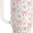 SANDJEST Bow Tumbler with Handle 40oz, Stainless Steel Insulated Tumblers Coffee Travel Cup with Slider Straw Lid, Gifts for Women Teen Girls Birthday