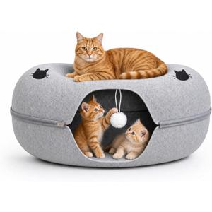 Cat Tunnel Bed - Comfort Bedz Large Donut Cave for Cats, Felt Enclosed Hideaway with Zipper, Top Perch, Interactive Toy, Washable Indoor Cat House, Light Gray