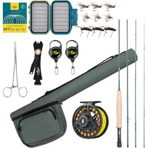 SF Fly Fishing Rod Combo Starter Kit Semi Gloss Green Jade Finish 24T Carbon Fiber Trout Travel Fly Rod with Reel,Fly Rod case,Fly Box , Flies,Tapered Leader,Knot Tying Tools (7'6'', 3wt, 4sec, M.F)