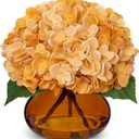 Hollyone Hydrangea Artificial Flowers with Glass Vase Yellowish Orange Silk Faux Flowers Arrangements in Vase with Faux Water Fake Floral Bulk Bouquet for Home Decor Table Centerpiece Decorations
