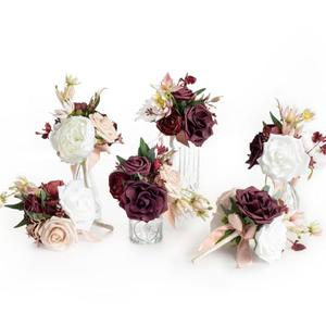Ling's moment Marsala & White Flowers Mini Bridesmaid Bouquets Set of 6 Pre-Made Floral Wedding Centerpieces (Marsala & White)